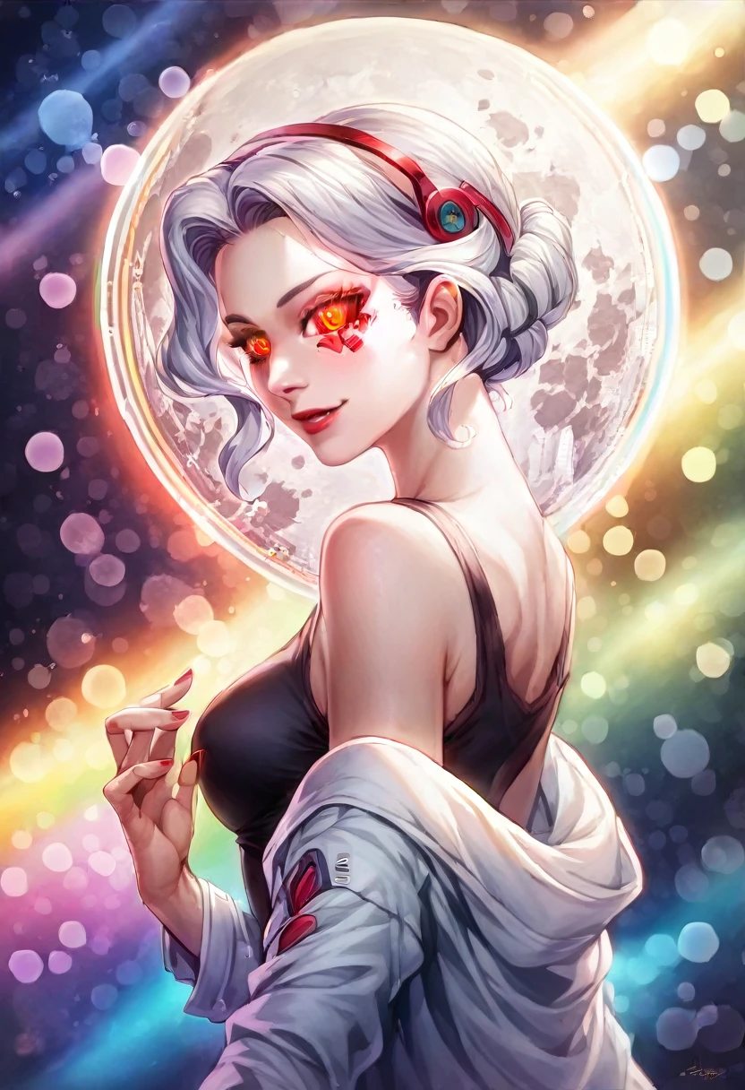 (on the moon, space, looking back into earth), white hair, black tank top, volumetric lighting, white jacket, glowing headphone, cyberpunk, futuristic, multi-color eyes, detailed eyes, hyper detailed,light smile,

highly detailed, beautiful, small details, ultra detailed, best quality, intricate, hyperrealism, sharp, digital illustration, detailed, realism, intricate, 4k, 8k, trending on artstation, good anatomy, beautiful lighting, award-winning, photorealistic, realistic shadows, realistic lighting, beautiful lighting, raytracing, intricate details, moody, rule of thirds, masterpiece, (illustration:1.1), highres, (extremely detailed CG, unity, 8k wallpaper:1.1), beautiful face, highly detailed face,  ultra realistic, masterpiece, bokeh, extremely detailed, intricate, zoomout,

colorful, vibrant colors, red nail polish, side view,