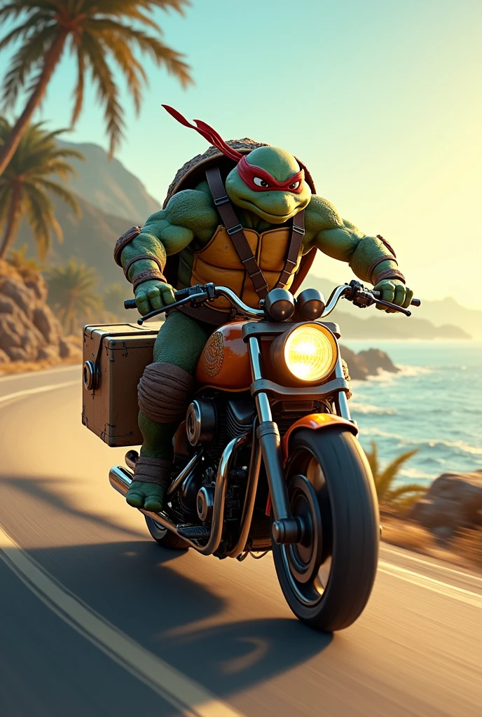 An image of a ninja turtle on a motorbike with a square delivery backpack on the coast delivering pizza