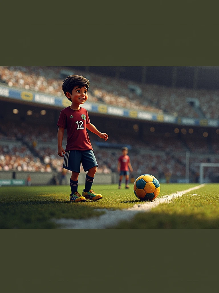 A Indian boy with a cheerful smile, featuring noticeable dimples. He is dressed in a maroon and blue football jersey with the number 12 printed on it. He wears dark blue stockings and green-and-yellow Adidas soccer boots, looking ready for a game.