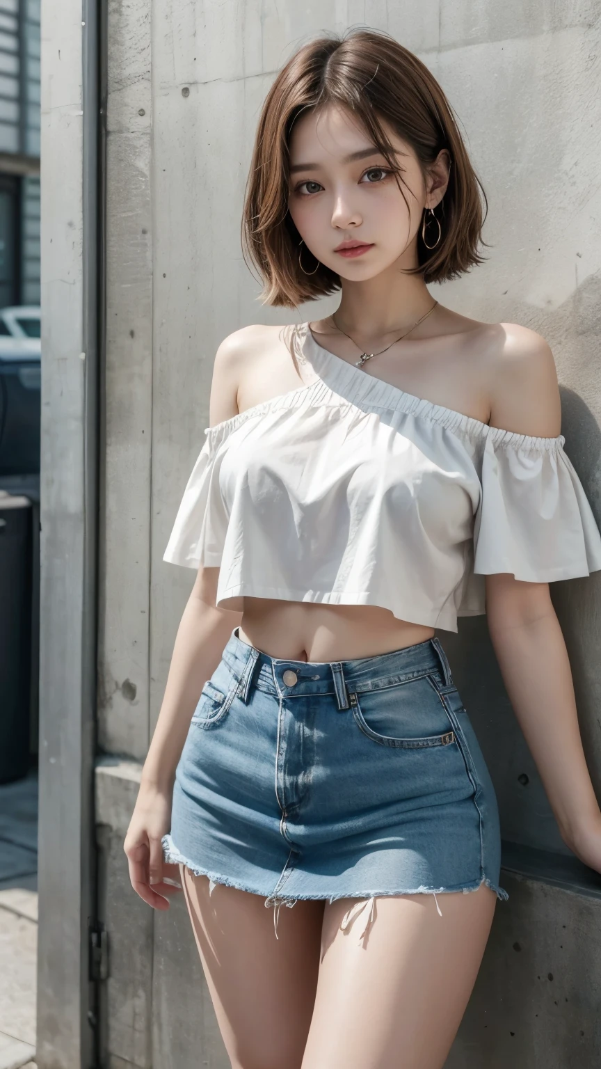 Beautiful 18-year-old brunette girl wearing a short one-shoulder blouse and a high-waisted denim skirt showing her navel