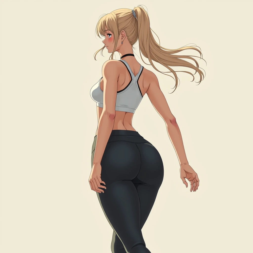 anime girl, long blonde hair, plain background, white sporty tank top, slightly exposed midriff, tight black yoga pants, tall, curvy but proportionate, hourglass figure, prominent hips, from behind, not looking at viewer, walking and swaying hips, white sneakers, straps going around the neck.