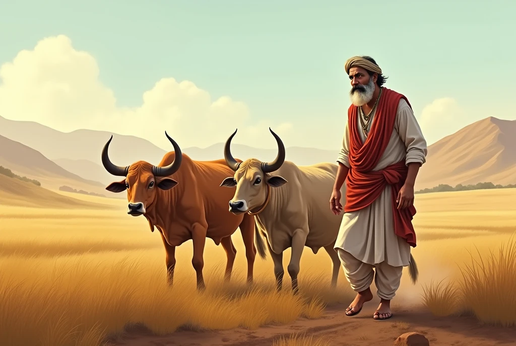 Maak 'n beeld waarin daar 'n groot veld is waarin 'n man met twee osse boer. Die man het 'n groot snor, is 30 jaar oud en dra Rajasthani dhoti kurta.
