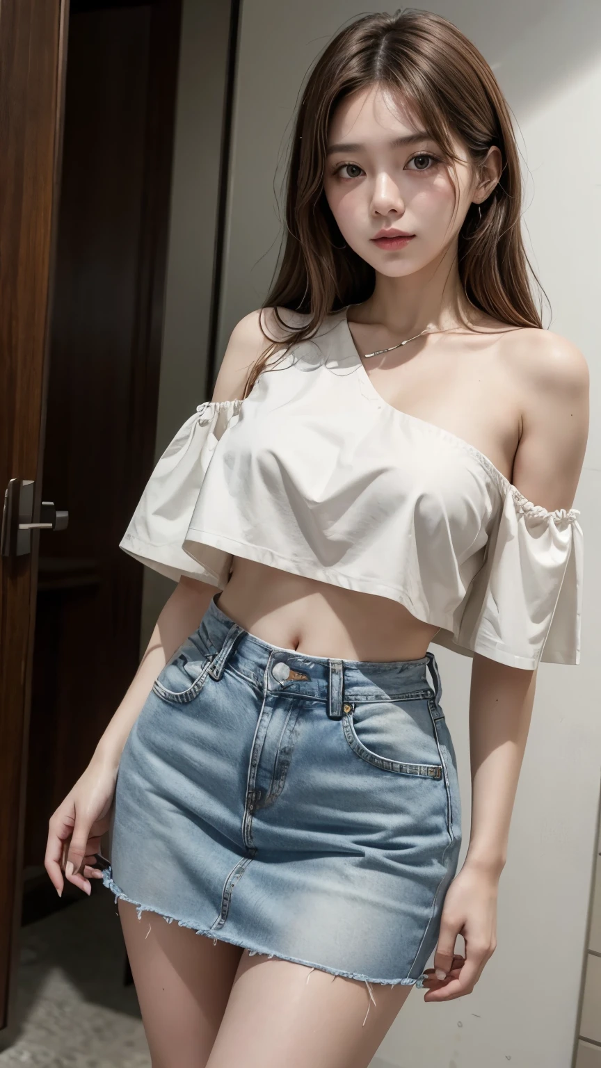 She wore a short one-shoulder blouse and a high-waisted denim skirt.、A beautiful brown-haired girl、Showing her belly button。