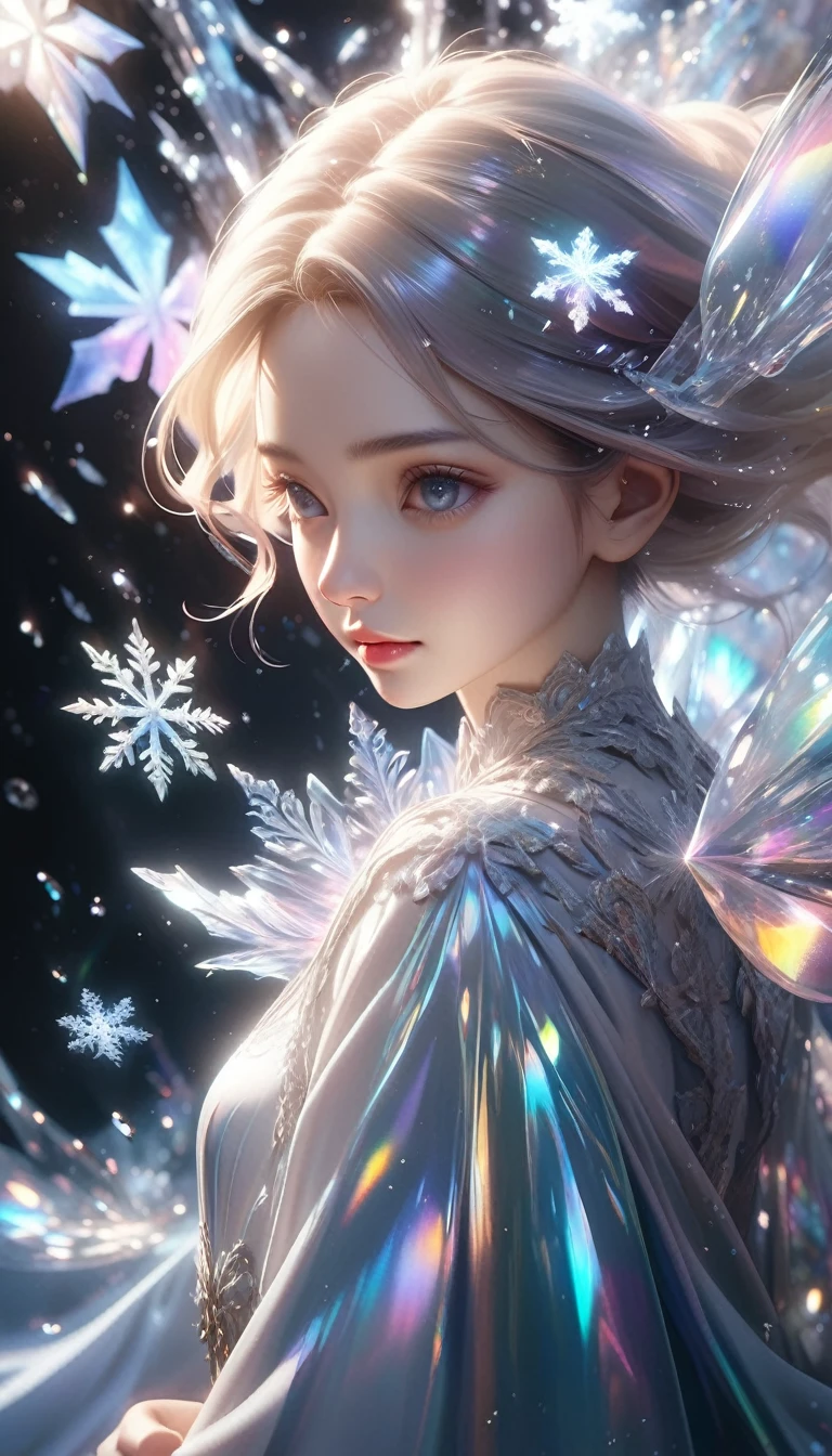 a black canvas, transparent sparkling snowflakes falling, transparent holographic reflections, (best quality,4k,8k,highres,masterpiece:1.2),ultra-detailed,(realistic,photorealistic,photo-realistic:1.37),highly detailed, intricate, hyperrealistic, cinematic lighting, dramatic lighting, volumetric lighting, 3D depth, crystal-like textures, glass-like surfaces, ethereal, dreamlike, mystical, otherworldly, magical, glowing, shimmering, refracting, iridescent, translucent, luminous, radiant