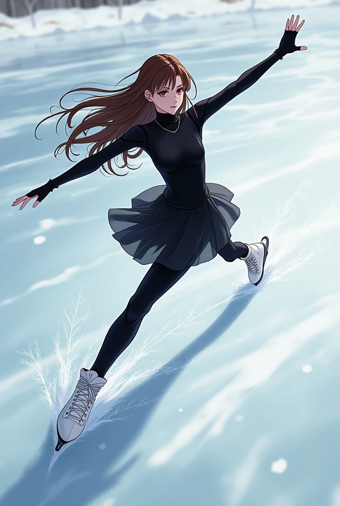 A girl with long brown hair and eyes of the same color skipping on ice doing cross-overs and wearing black sportswear and white ice skates. The drawing style has to be anime but at the same time gothic. The girl has to be looking straight ahead while holding one arm in front and the other behind. 