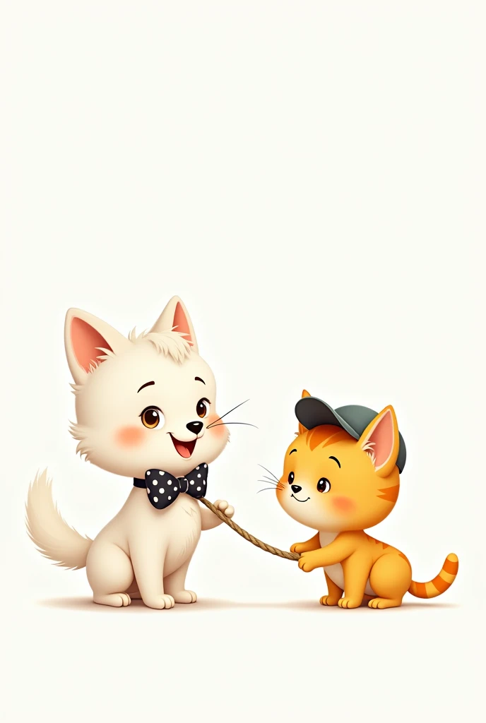 white dog and yellow cat love, white background, dog is female, cat is male. The dog wears a black and white polka dot bow tie, the cat wears a baseball cap. The dog is afraid of the rope and pulls the cat away.