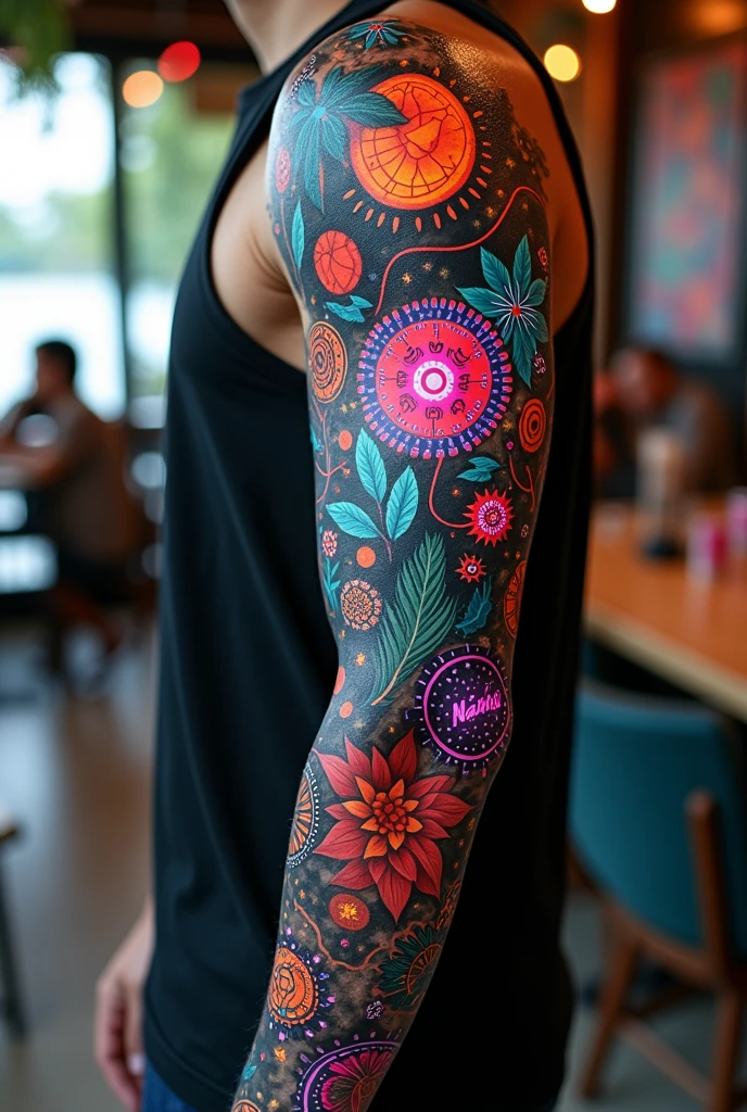 Tattoo warung beach club various techno elements all over the arm