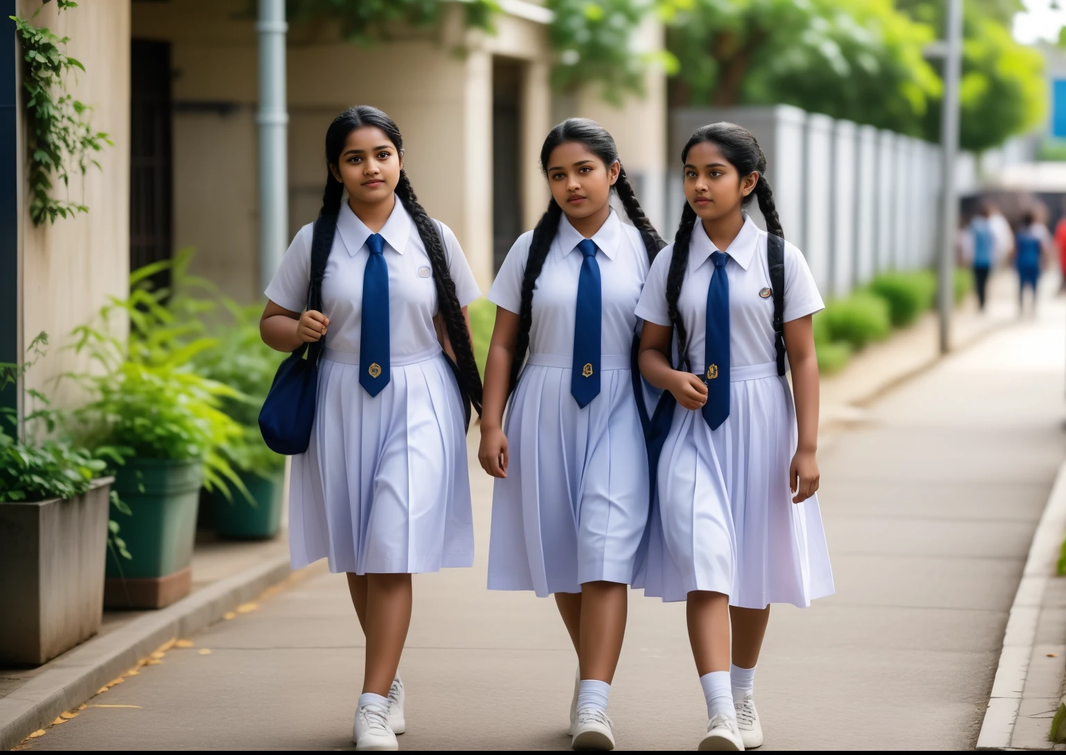 Raw photo, two beautiful Sri Lankan teen schoolgirls, with plaited hair, four chubby fat girls coming towards the camera in a school walkway , wearing white frocks and blue color ties, white shoes, with school backpacks, professional photographer, (hdr:1.4), masterpiece, ultra-realistic 8k, perfect artwork, intricate details, cute face, award winning photograph, (Best quality, 8k, 32k, Masterpiece, UHD:1.3)