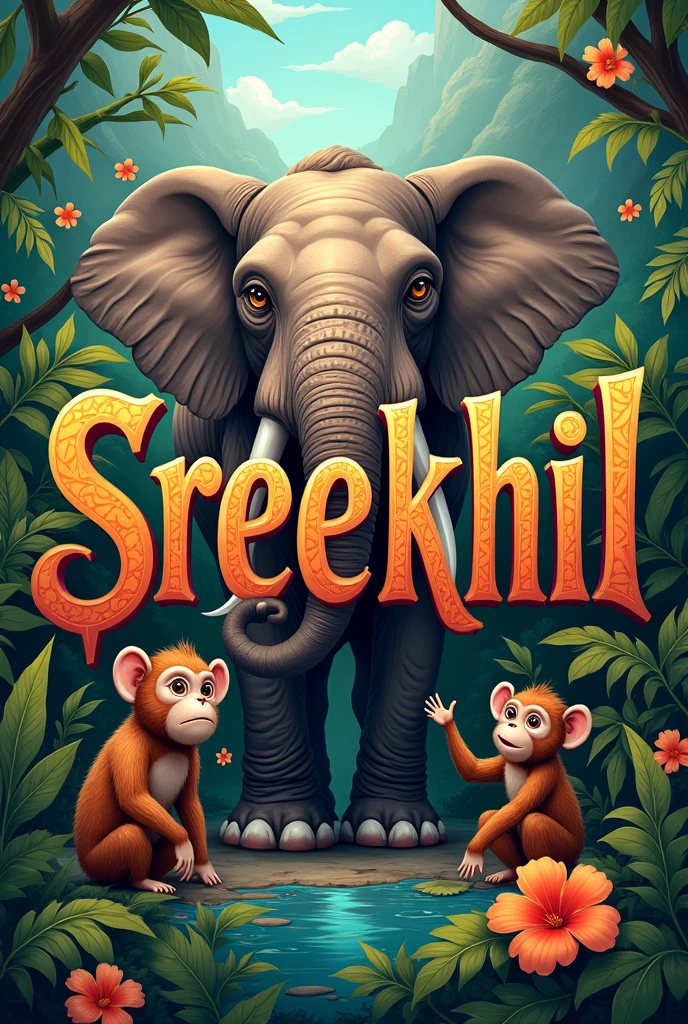 Sreekhil name text with elephant monkeys