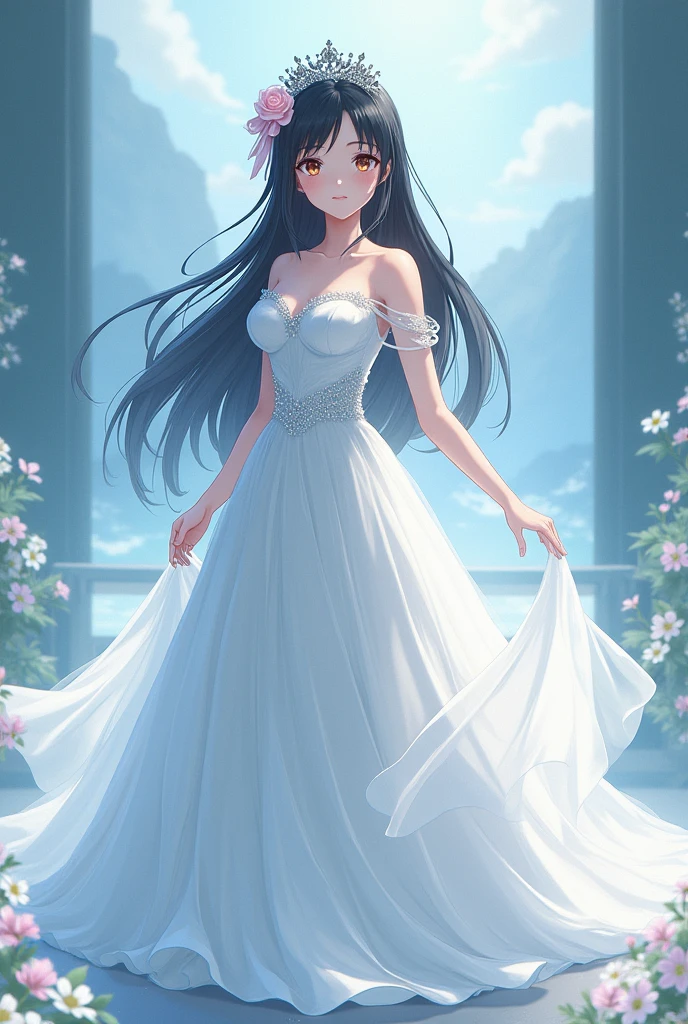 1 Japanese woman,Age 16,long black hair,bridal dress,Cool anime