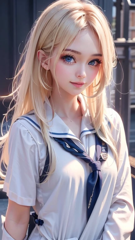 {{masterpiece, Highest quality, Highly detailed CG, unity 8k wallpaper, Cinema Lighting, }}, Sony a7, Wide Frame, South Pacific, During the war with Asian countries, Winds blowing on the Aegis ship, 1 girl, whole body, smile, She is a US Navy sailor., White, 20-year-old, smile, Blonde, Short Bob, blue eyes , Long eyelashes ,