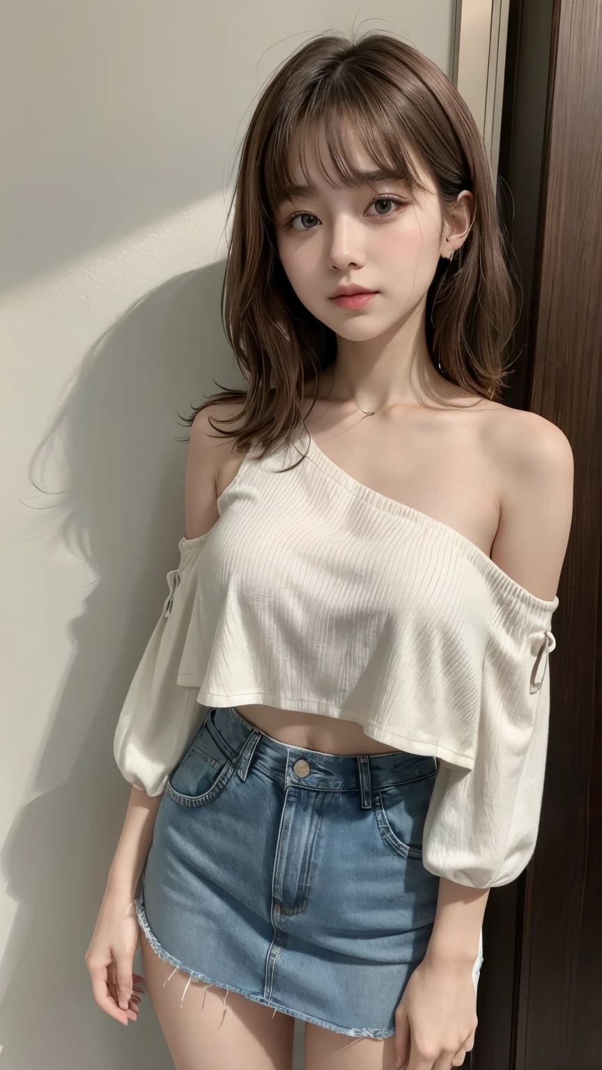 She wore a short one-shoulder blouse and a high-waisted denim skirt.、A beautiful brown-haired girl、Showing her belly button。