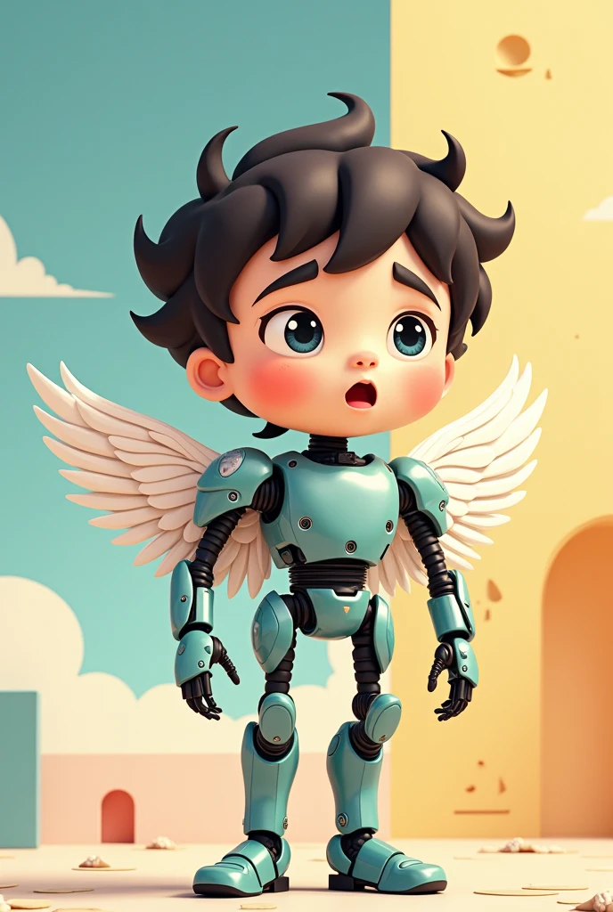 Boy face with robotic half body and angel wings with cartoon graphic
