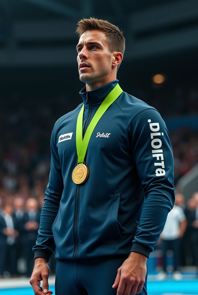 Create an image of a swimmer for a medal presentation in a track suit full kit, featuring the word 'deloitte' printed on it. Ensure that the full stop after 'deloitte' is green, which is a crucial detail.