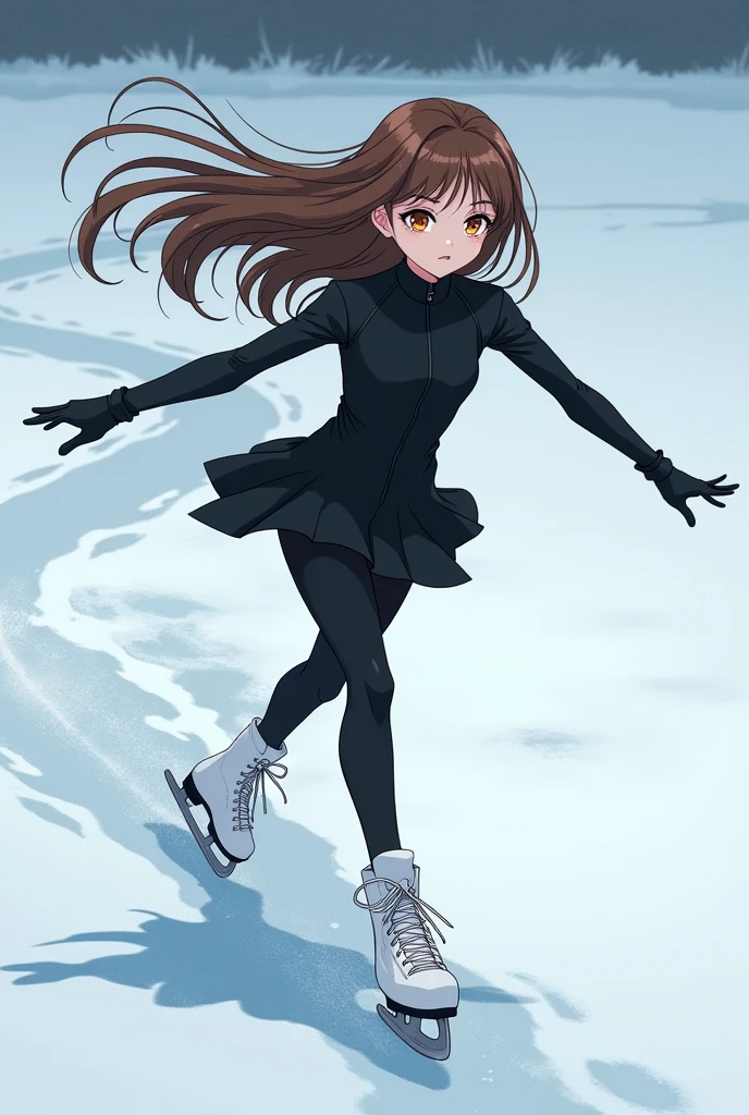 A girl with long brown hair and eyes of the same color skipping on ice doing cross-overs and wearing black sportswear and white ice skates. The drawing style has to be anime but at the same time gothic. The girl has to be looking straight ahead while holding one arm in front and the other behind.