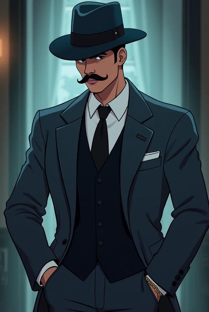 Cartoon, Paranormal Order Trait.
white dress shirt, black vest, gray jacket, dark blue fedora, thin moustache, dress pants and a gold chain in the pocket