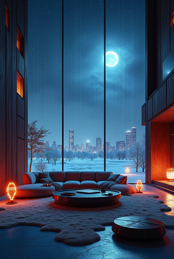 Living room with night or night sky view, In frost punk style, Thom Mayne, Maximalism, Rich in layers, 32k 呃, Carbine style, Carefully designed - ar 61:108