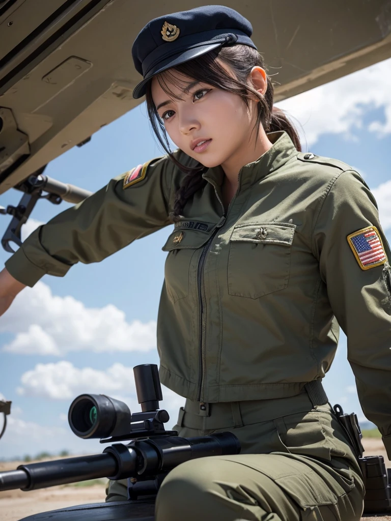 A female soldier riding a tank and firing a machine gun