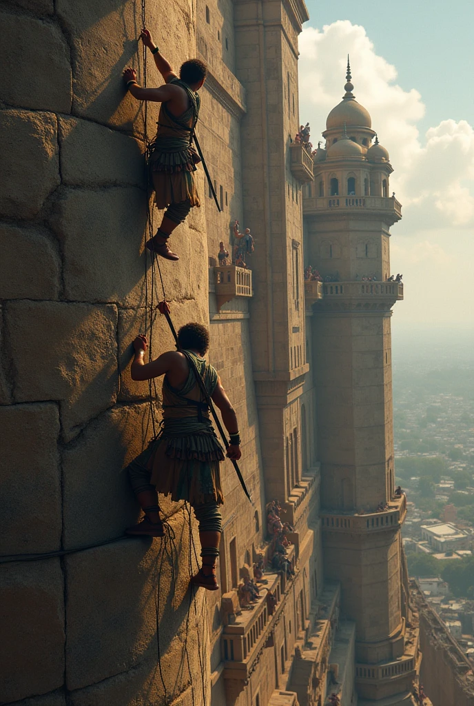 generate ai image of warriors climbing wall using rope on forts of Shivaji Maharaj