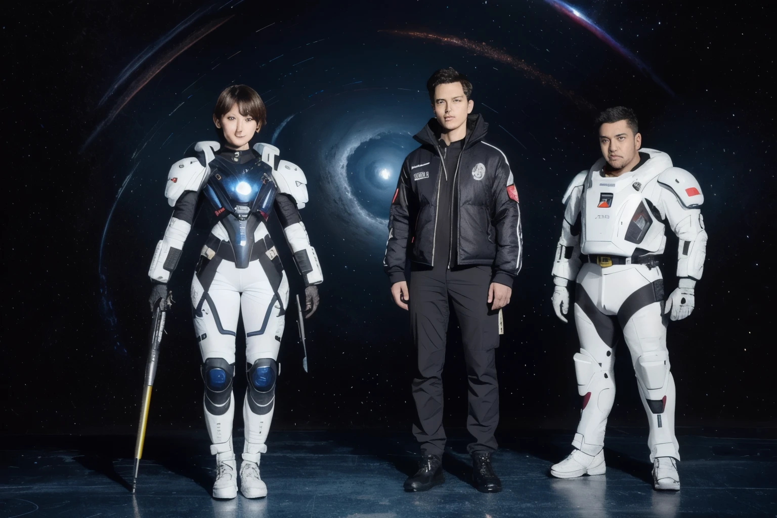 277 (20-year-old woman,short hair), (20-year-old male), Are standing, flower, Futuristic clothing, machinery suit, (The background is a galaxy and nebula)
