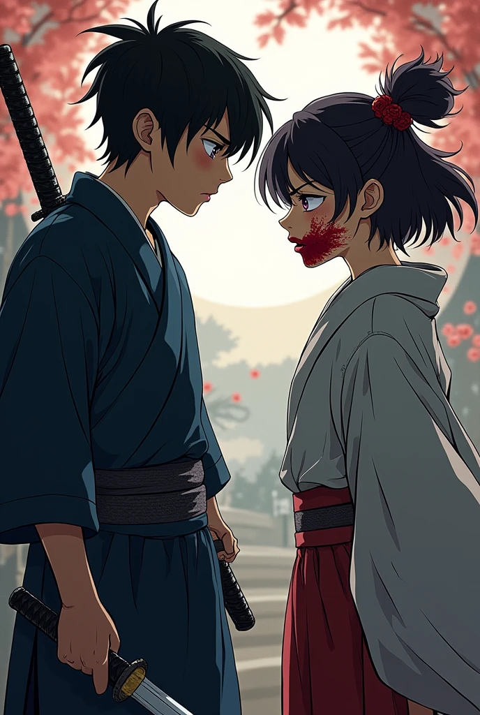 a ninja boy with a katana. A japanese girl. Her mouth covered in blood and her one eye's brown and another is purple. Both are japanese.