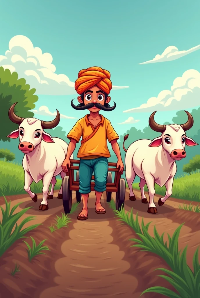 Create a cartoon vector art with a good looking innocent face strong farmer wearing pagdi and having a long desi mustache with two white bulls tied up with plough while tilting the land.