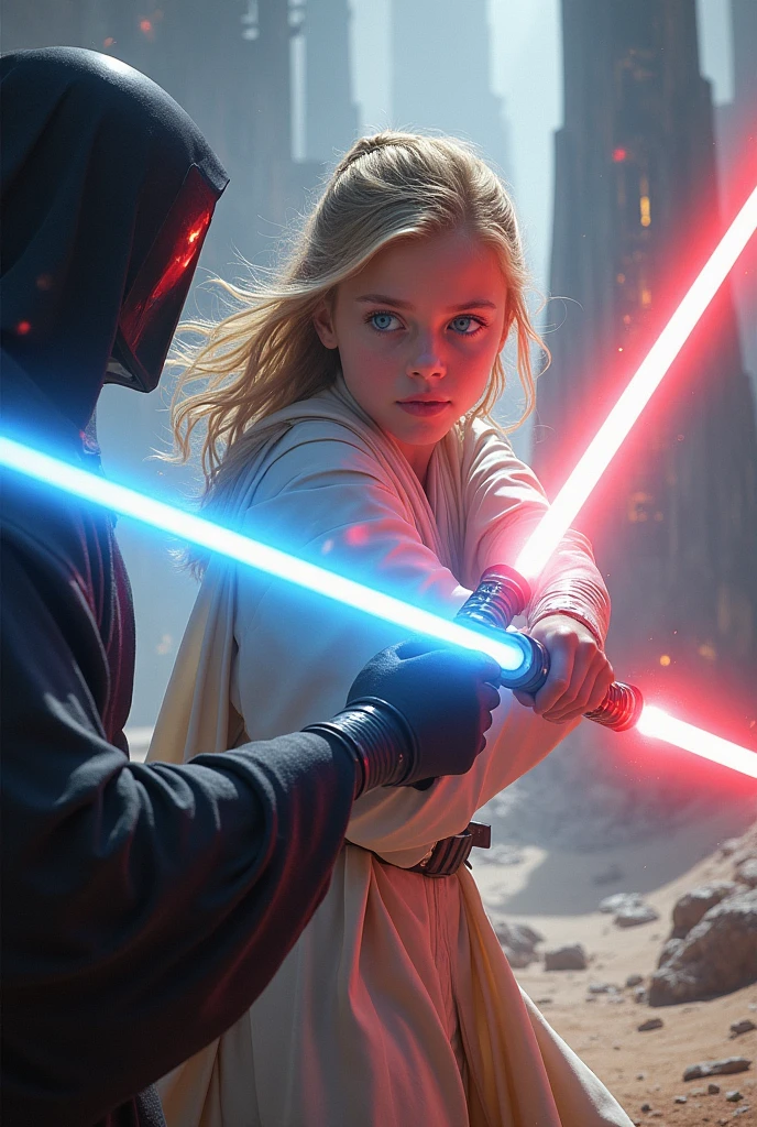 Star Wars girl with blonde hair and blue eyes with blue lightsaber, fights against the man Pelpetin who has a red laser sword