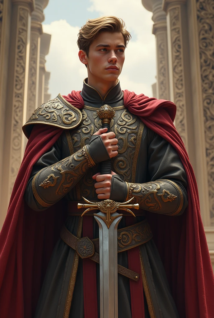 A young king standing after dominating whole empire and he is holding his sword in his arms 