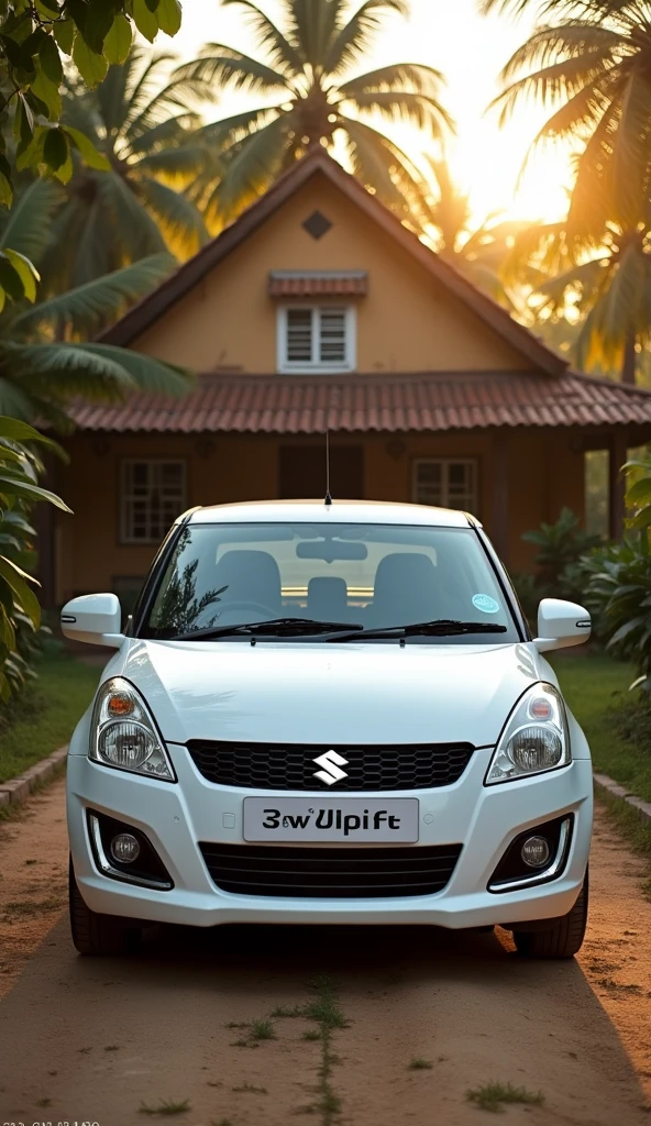 White maruti suzuki swift vdi car 2011 model in front of farmhouse in evening sunlight in background and mengo trees and coconut trees in background and 
