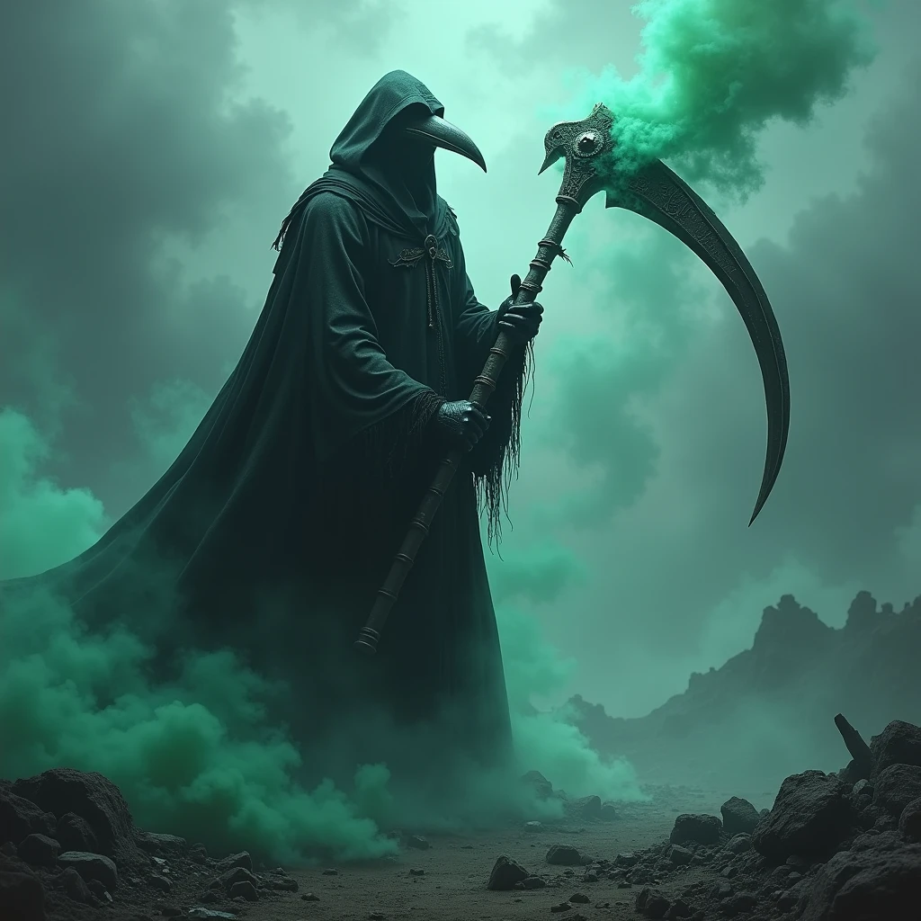 A realistic, ultra-detailed photograph of a plague doctor, an intimidating mask. Determinedly seizing a weapon similar to a scythe, devastated land, clouds of green poison, blue smoke. The name “ToxicMasteR” is prominently displayed in gothic illumited by the glow of this cloud