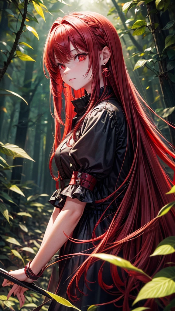 One girl, High resolution, Long Hair, Red eyes, High resolution, high quality, High-resolution model, Red hair, Earrings, Red eyes, Spotlight，Quietly in the forest at night，Facing forward，