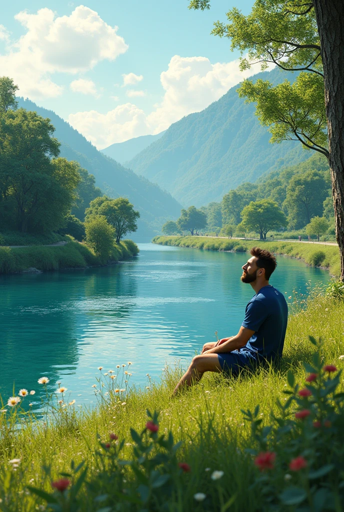 Messi is sitting beside a beautiful River 