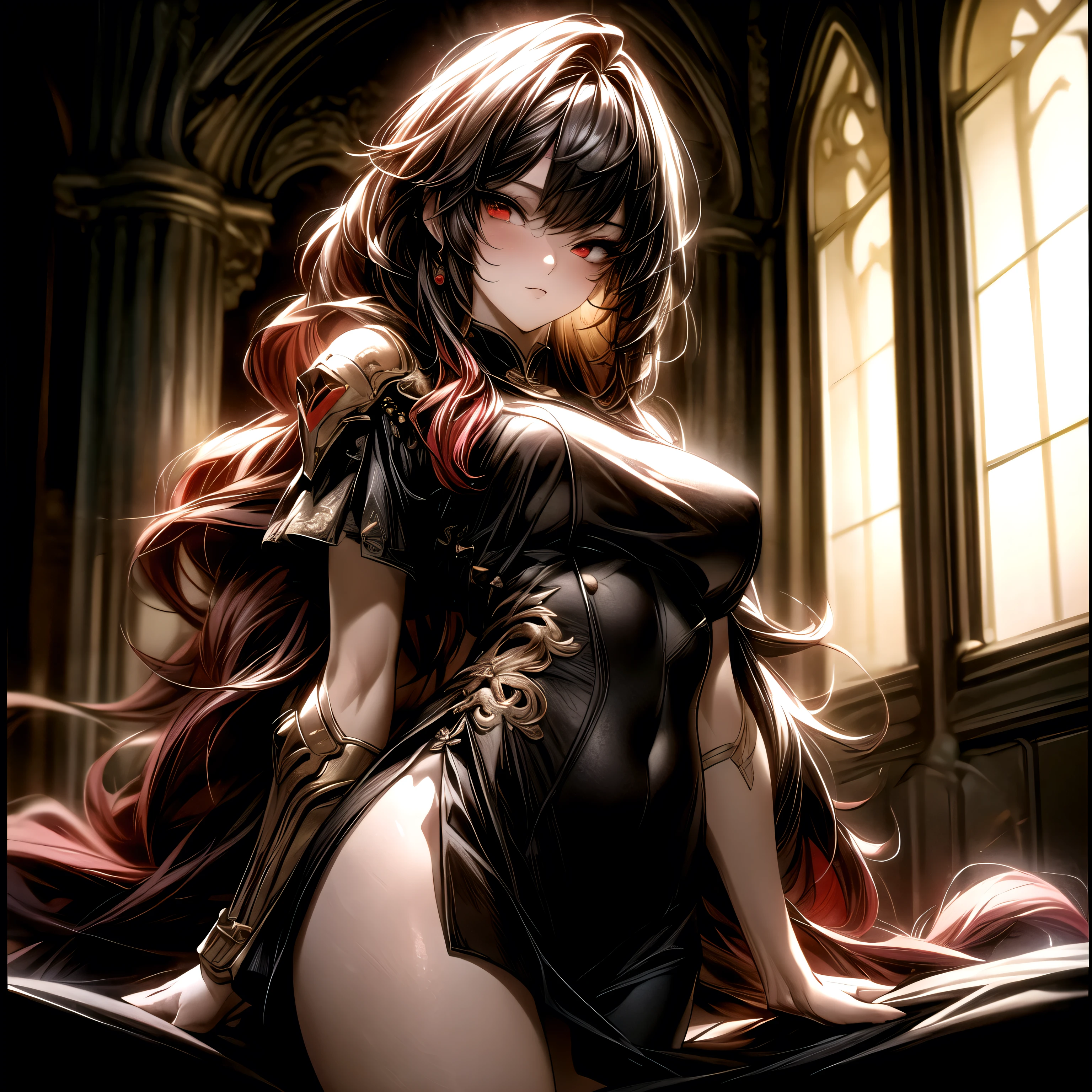 (best quality)), ((Masterpiece)), (details:1.4), 3d, HDR (high dynamic range), an image of a beautiful cyberpunk female, Fantasy, Cyberpunk, Red hair, Curtain Bangs, Sleek style, Hips up, Beautiful Red eyes, จมูกโด่ง, ปากแดง, หน้าอกใหญ่, nvidia RTX, PBR surface, After processing, Anisotropic filtration,depth of field, Maximum clarity and clarity, multi-layered surface, Subsurface scattering, perfect proportions, 8K raw files, ultra detailed, Perfect proportions, volumetric lighting, soft lighting, Holy Paldin, Heavy Golden Armor, Red dress, intricate Golden embroidery, glossy skin, Castle background, jewely, ต่างหู, นิ้วมือสมบูรณ์, mini red skirt,