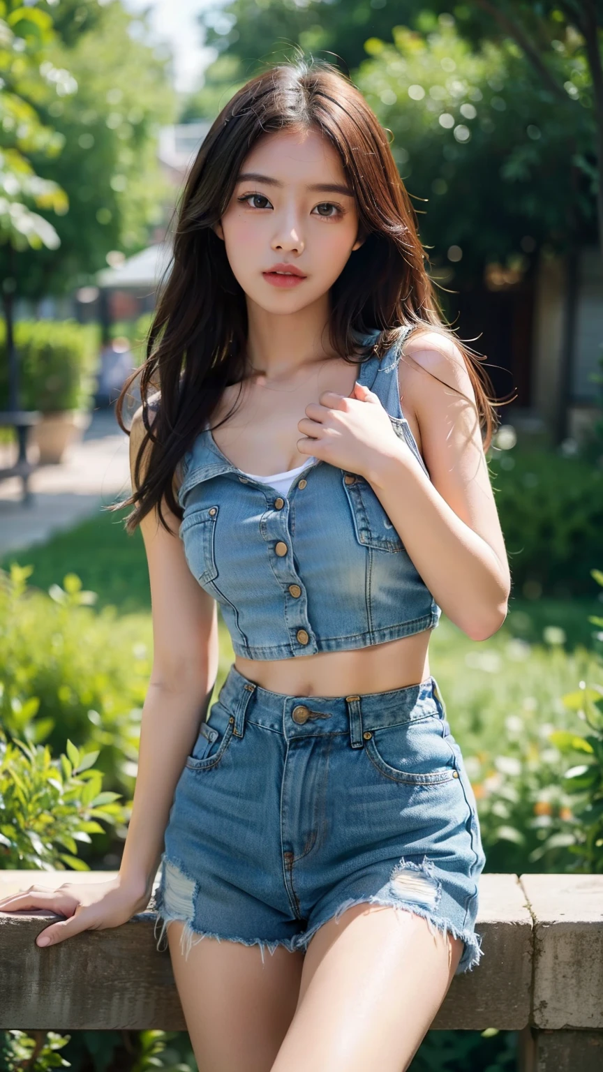 One girl, Chest support, garden, Denim shorts,, masterpiece, Highest quality, Very detailed