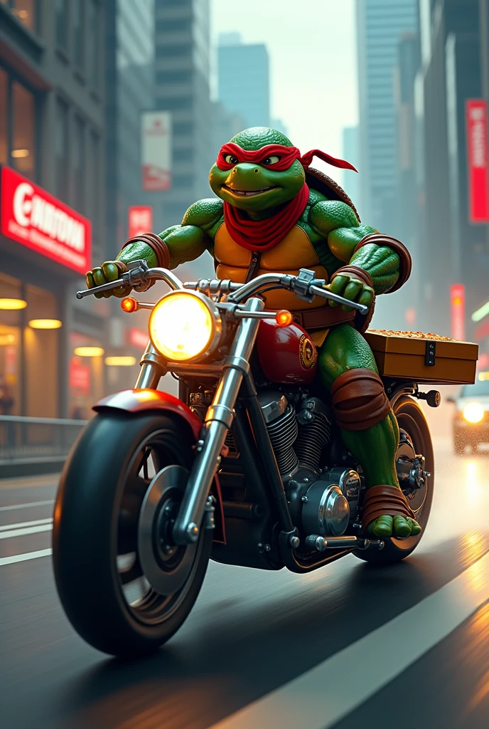 An image of a ninja turtle on a motorbike delivering pizza