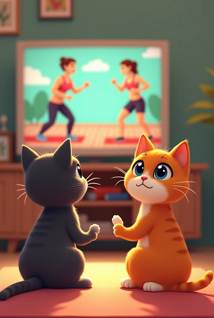 The protagonist(cute cat)sitting in front of the TV、Watching an exercise video。The cat follows the video instructions with a serious expression、I&#39;m moving my body a lot。A trainer in sportswear is shown on the TV screen.、Training equipment is placed in the background.。
