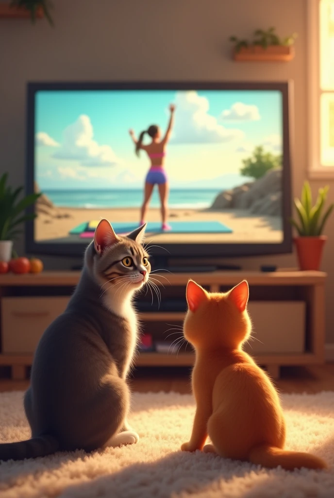 The protagonist(cute cat)sitting in front of the TV、Watching an exercise video。The cat follows the video instructions with a serious expression、I&#39;m moving my body a lot。A trainer in sportswear is shown on the TV screen.、Training equipment is placed in the background.。
