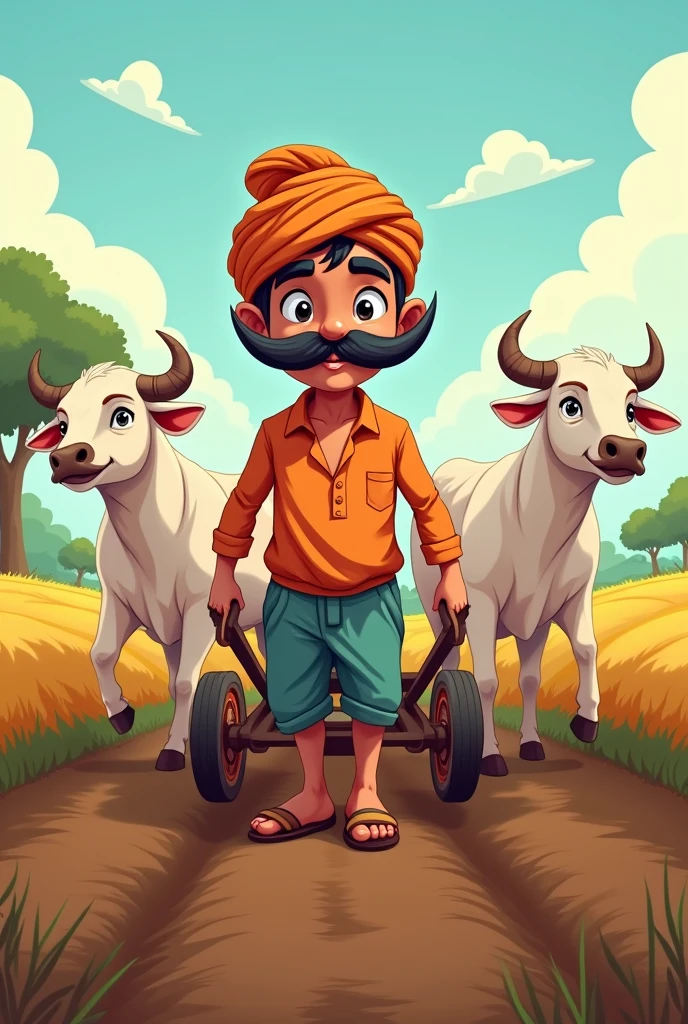 Create a cartoon vector art with a good looking  innocent face strong farmer wearing pagdi  and having a long desi mustache with two white bulls tied up with plough while tilting the land.