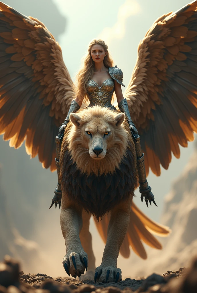 A griffin with its wings spread, the wings and upper body of an eagle, the body of a lion, a sharp beak, a beautiful and powerful figure, and a princess wearing armor on its back, ((masterpiece, Highest quality, Best image quality, High resolution, Realistic, RAW Photos, 8k)), ((Highly detailed CG synthesis 8k wallpaper)), (Huge and stunning goddess shot, Very hot and sexy, Incredible beauty, Perfect Proportions, Beautiful body, Slim body beauty:1.4), front view,