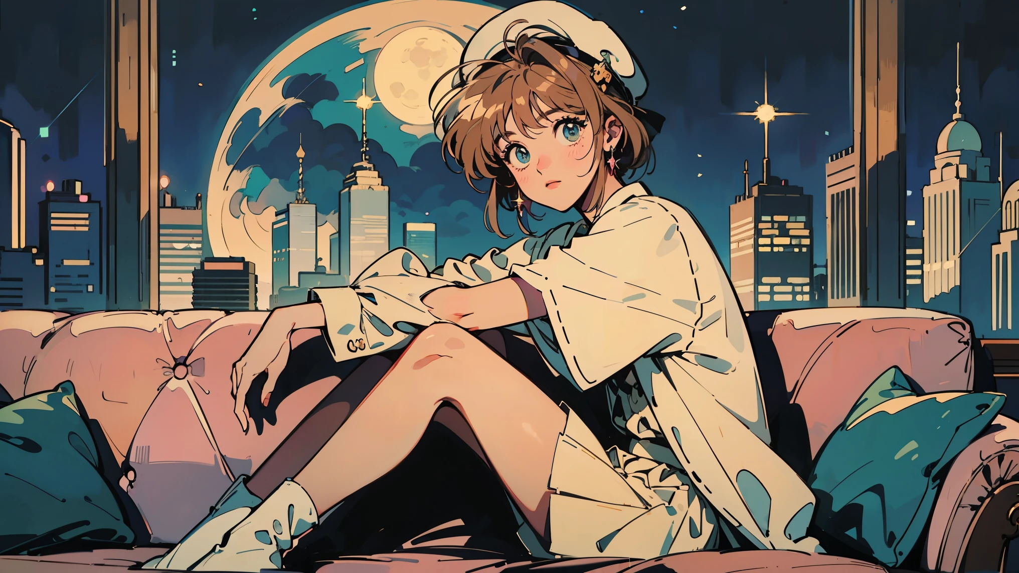 Card Captor Sakura。 beret。Full moon and starry sky, Sitting on the couch , One person, A glittering cityscape in the foreground
