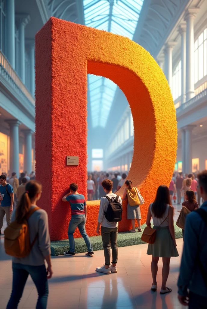 Crowd of people playing with big model of alphabelt D in the museum