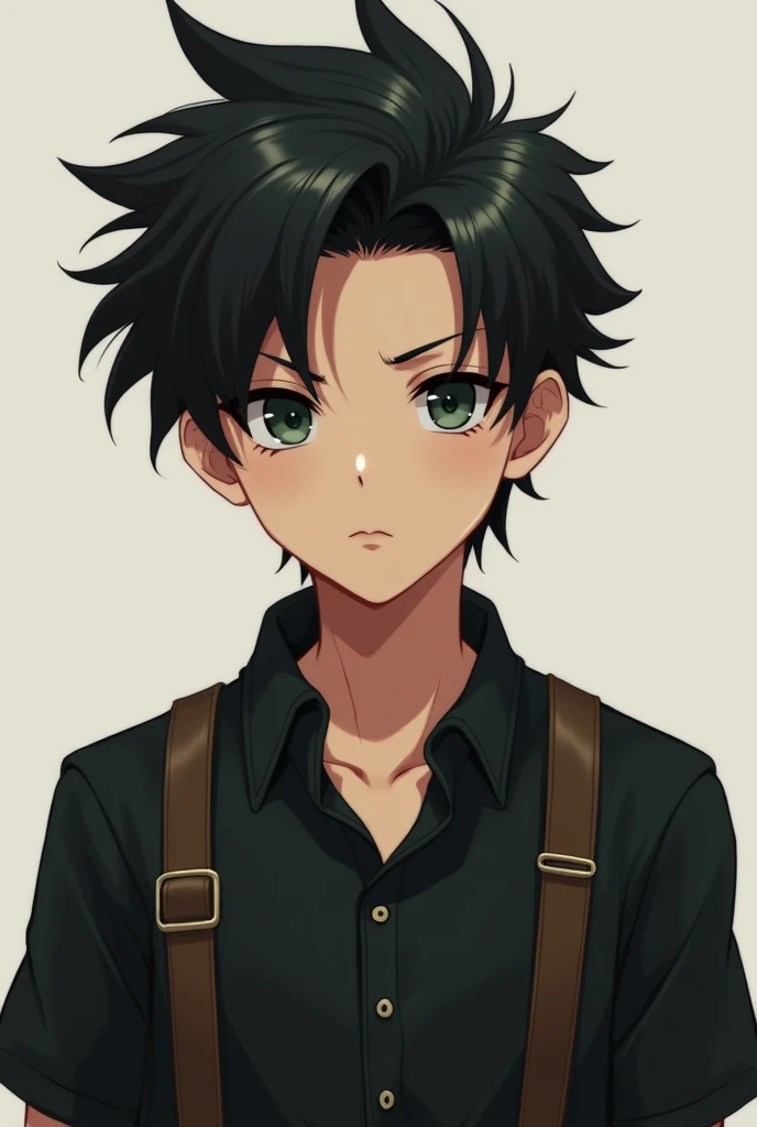 Create an realistic anime image of a boy wearing a black suspender with black shirt, slitly dark skinned with dark olive green eyes having a neutral expression on face black bad boy style hair