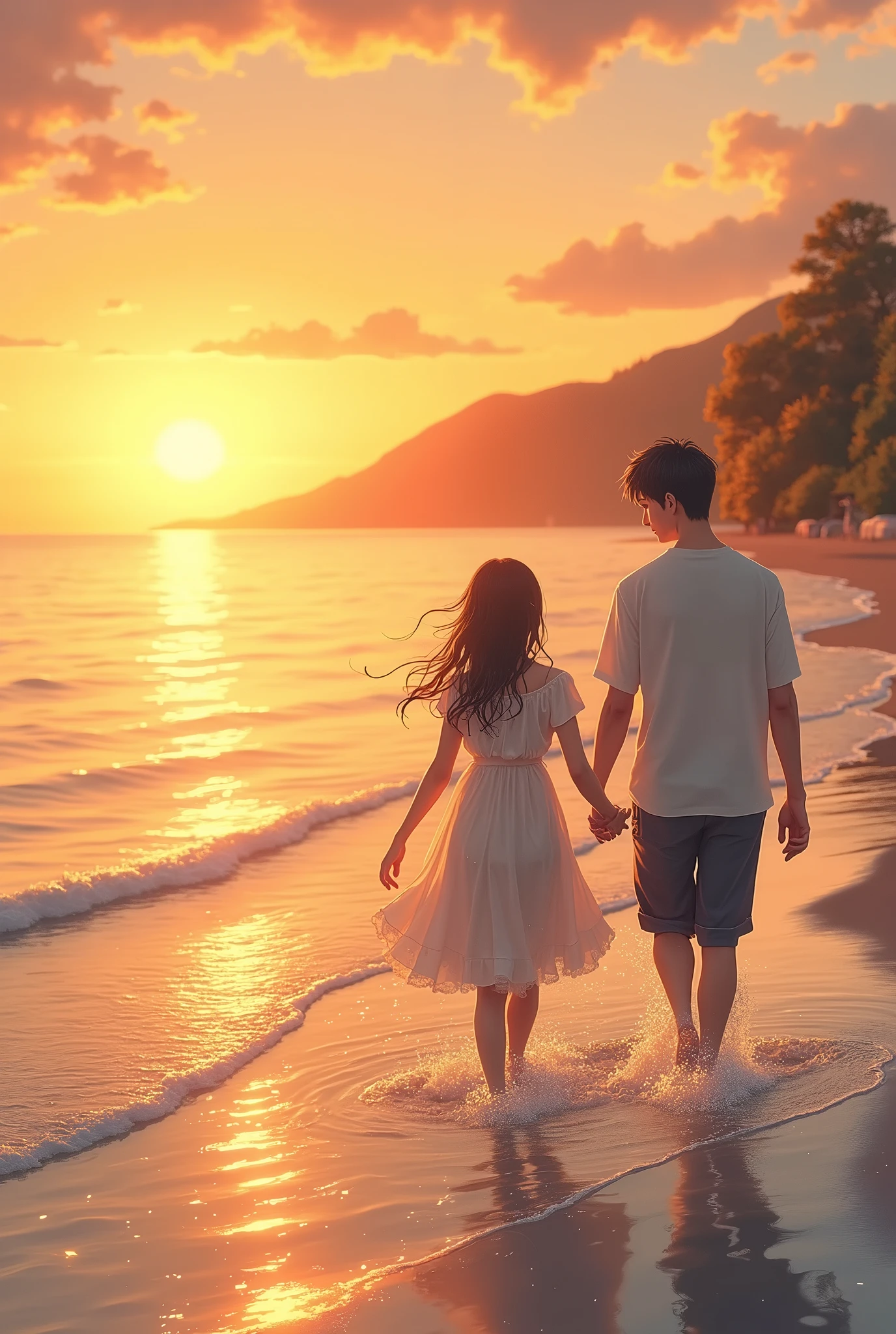 Japanese women playing innocently in the summer sea、In the evening, it gets cooler and she wears a dress and walks along the coastline with her boyfriend.、The background is a sunset
