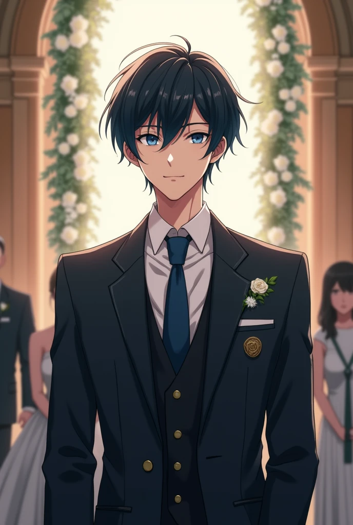 Button,Age 23,Short black and blue hair,Groom's suit,behind,The wedding ceremony is written by Ringo Kudo. & Souka,