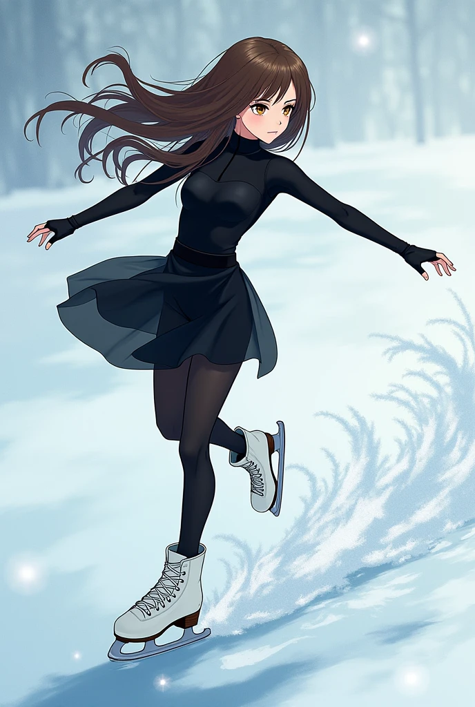 A girl with long brown hair and eyes of the same color skipping on ice doing cross-overs and wearing black sportswear and white ice skates. The drawing style has to be anime but at the same time gothic. The girl has to be looking straight ahead while holding one arm in front and the other behind. 