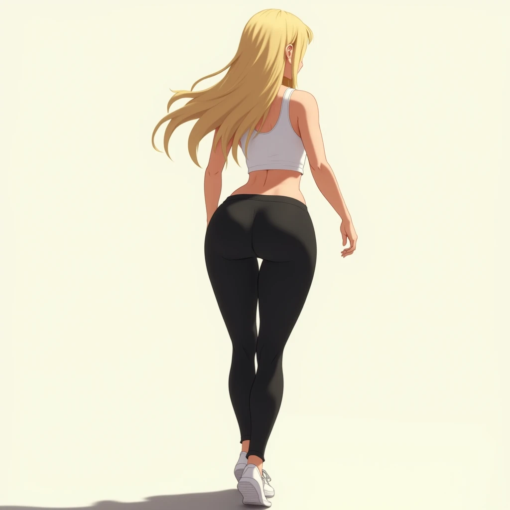 anime girl, long blonde hair, plain background, white tank top, slightly exposed midriff, tight black yoga pants, tall, curvy but proportionate, hourglass figure, prominent hips, from behind, not looking at viewer, walking and swaying hips, white sneakers, covered upper back.