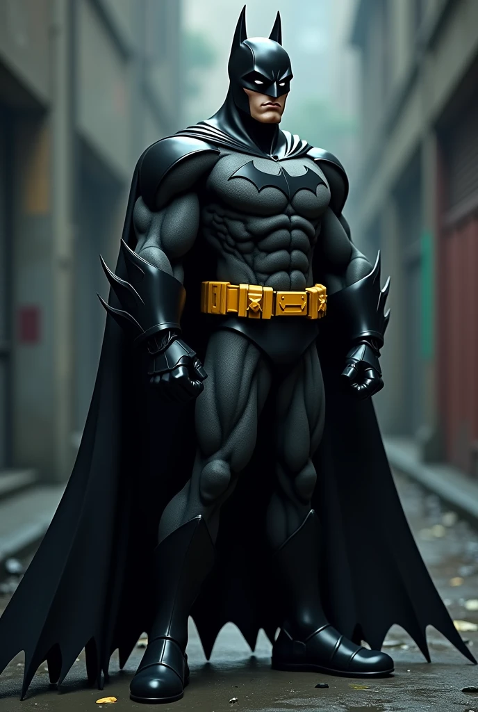 Cartoony Batman Black suit with the black cowl gloves and boots and black cape And yellow utility belt and yellow oval Make it look like Michael Keaton suit like the bodysuit being black