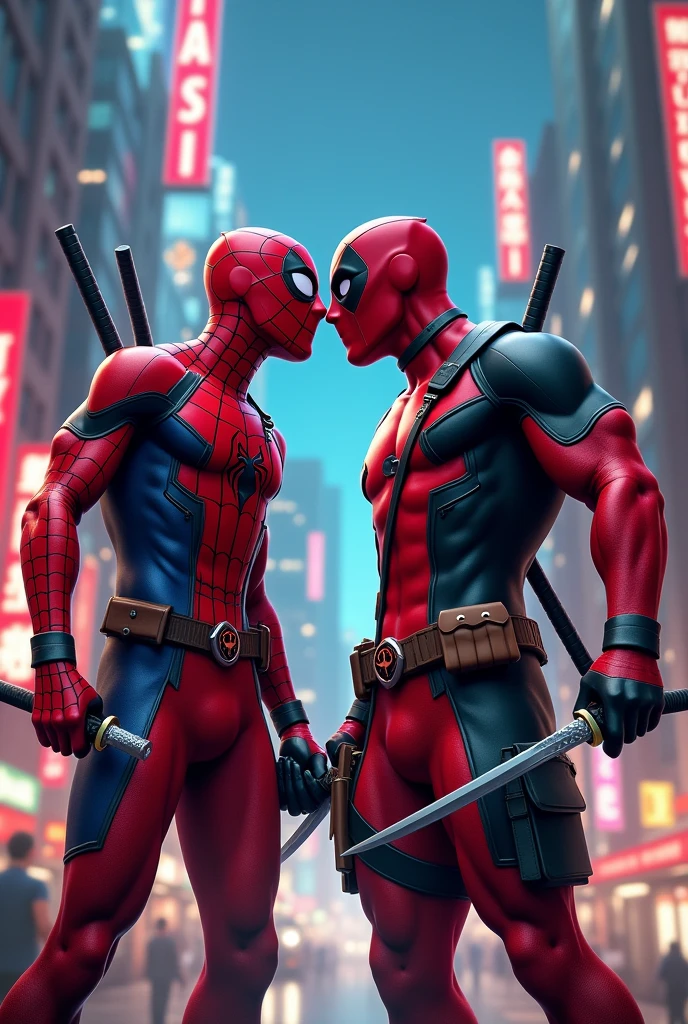 Deadpool and Spiderman are standing