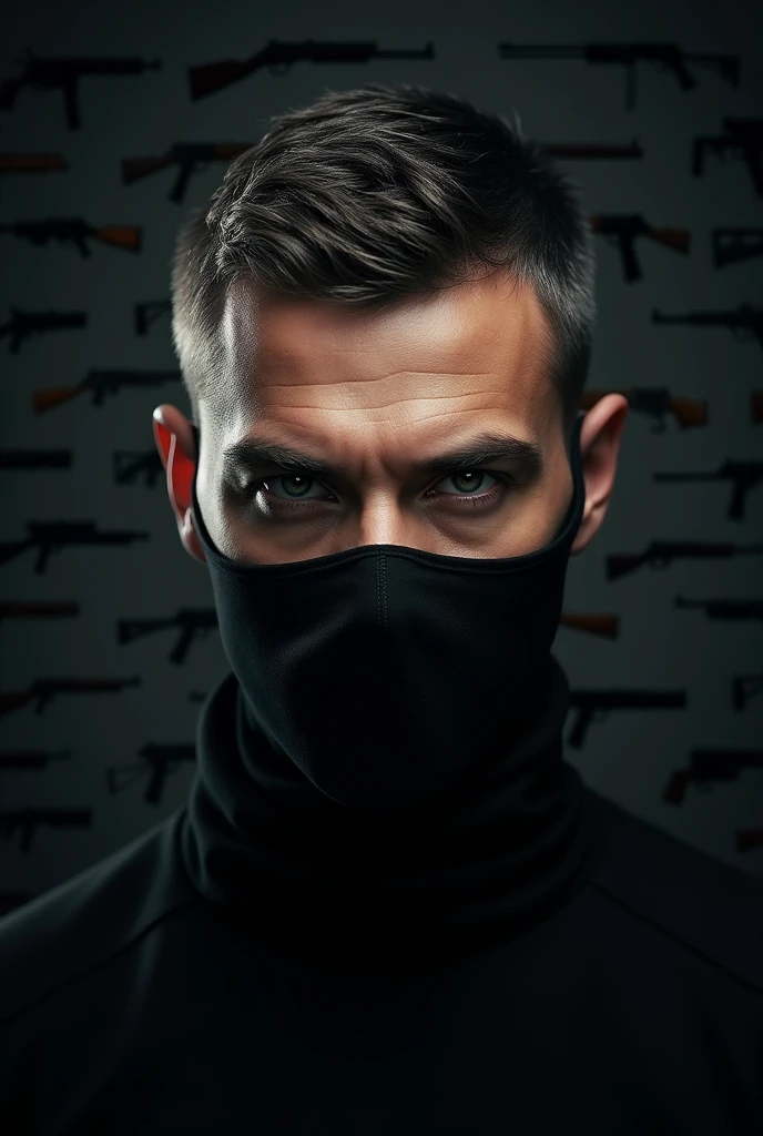 A man image with half body with mask and dangerous black background and shine. And background with guns and full HD. With short size hair and mask on mouth dangerous eye