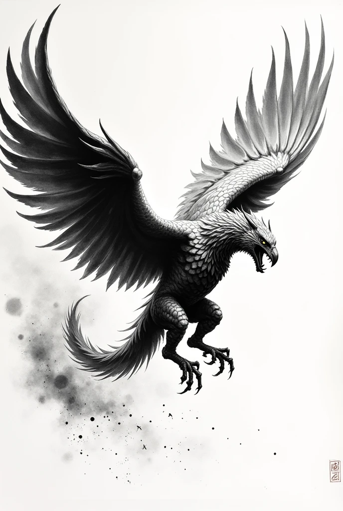 ink painting, a fantasy griffin, dinamic wings, big wings, sharp talons, ornate scales, piercing eyes, toned muscles, swoop down with head down, top speed, concentration, wind-cutting wings, aggressive pose, cool and sharp silhouette, speed-enhanced background, ackground with radial lines extending in the direction of movement, powerful description, masterpiece